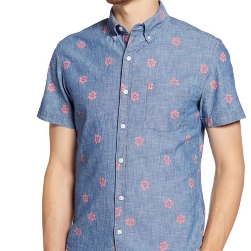 Slim Fit Floral Short Sleeve Button-Down Chambray Shirt BONOBOS